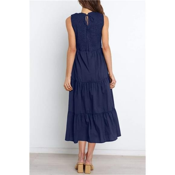 Women's Sleeveless Crew Neck Smocked High Waist Flowy Tiered A Line Midi Dress - Picture 2 of 6